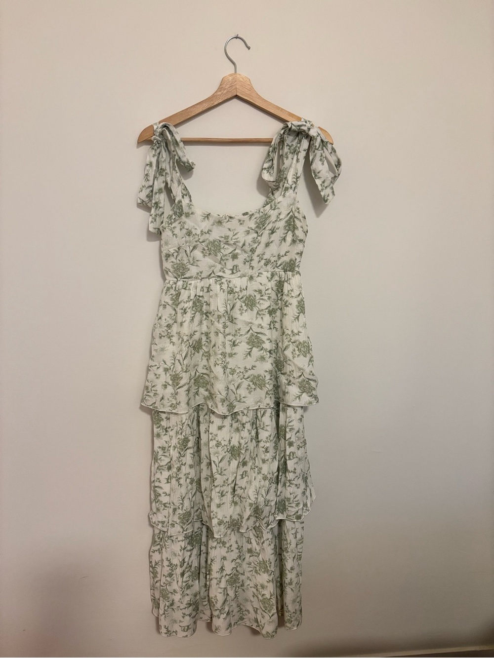 mine Cream Floral Tiered Midi Dress with Green Print